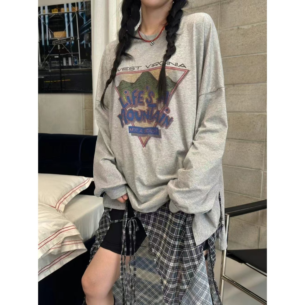 VENUSY｜ 韓國女裝｜落肩慵懶自由風純棉長袖T恤 韓國T恤-細節圖3