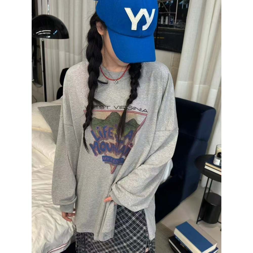 VENUSY｜ 韓國女裝｜落肩慵懶自由風純棉長袖T恤 韓國T恤-細節圖4