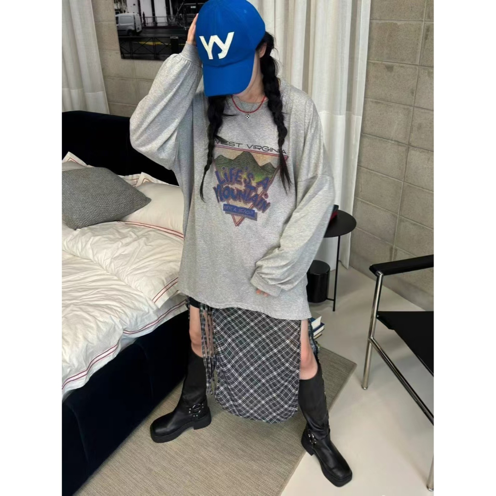 VENUSY｜ 韓國女裝｜落肩慵懶自由風純棉長袖T恤 韓國T恤-細節圖5