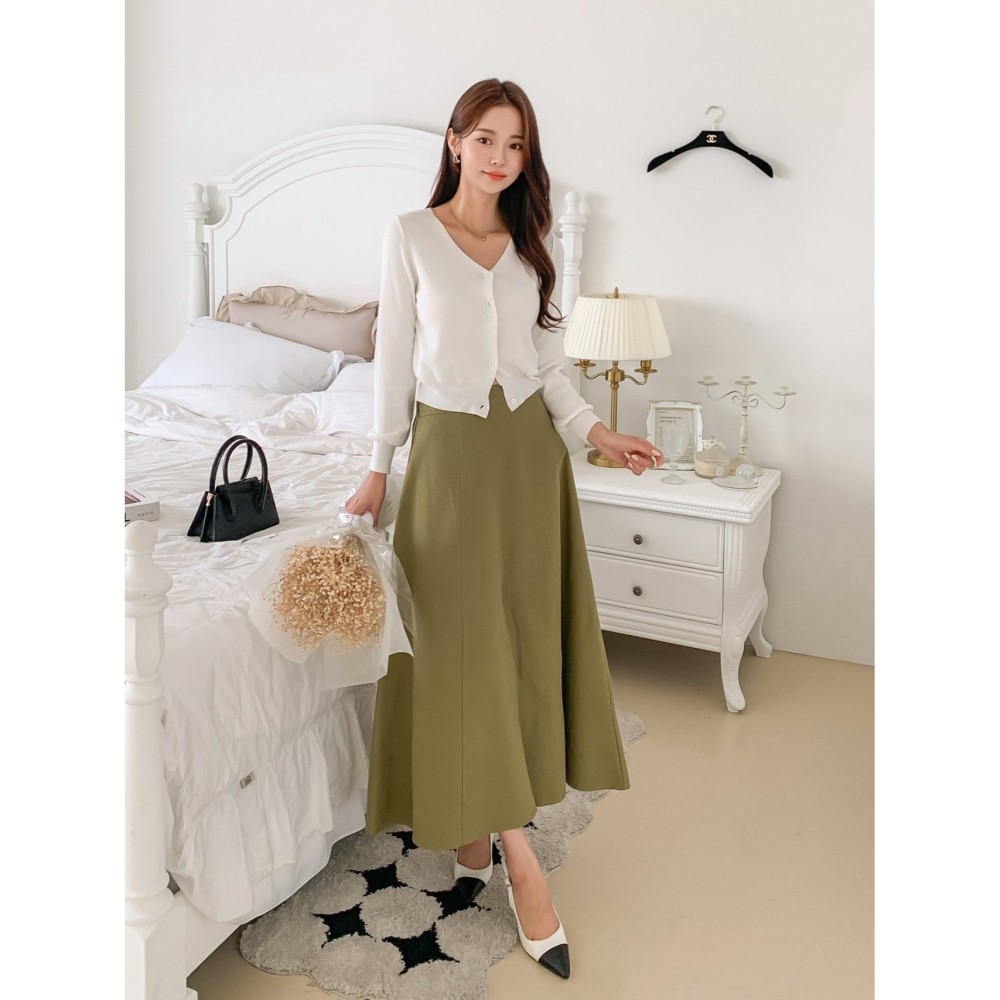 VENUSY｜ 韓國女裝｜純棉前開衩大圓裙 縫線長裙-細節圖2