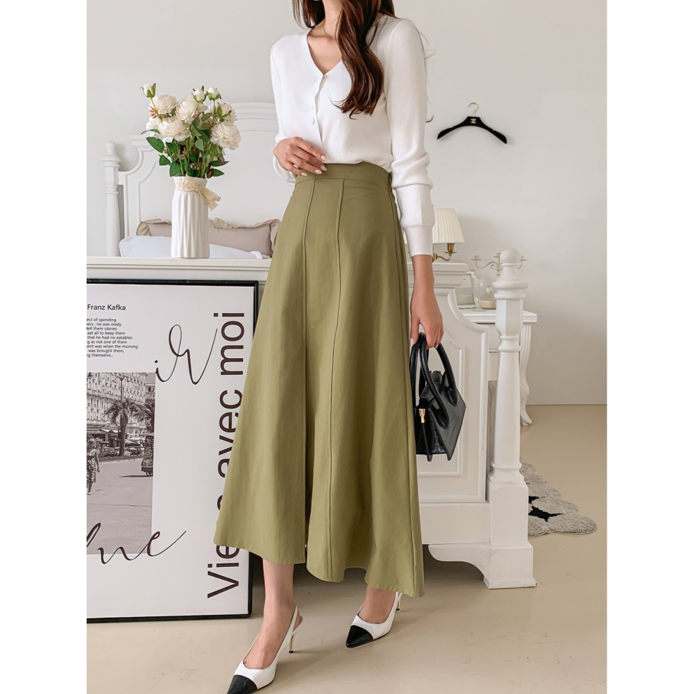 VENUSY｜ 韓國女裝｜純棉前開衩大圓裙 縫線長裙-細節圖4