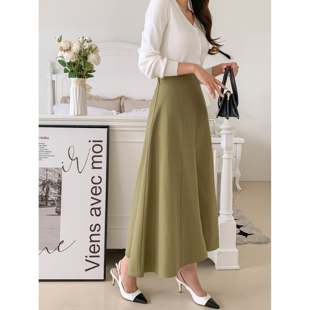 VENUSY｜ 韓國女裝｜純棉前開衩大圓裙 縫線長裙-細節圖5