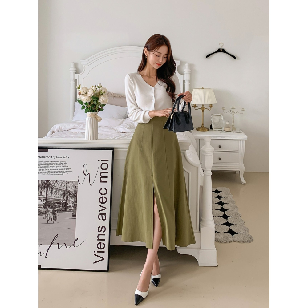 VENUSY｜ 韓國女裝｜純棉前開衩大圓裙 縫線長裙-細節圖6