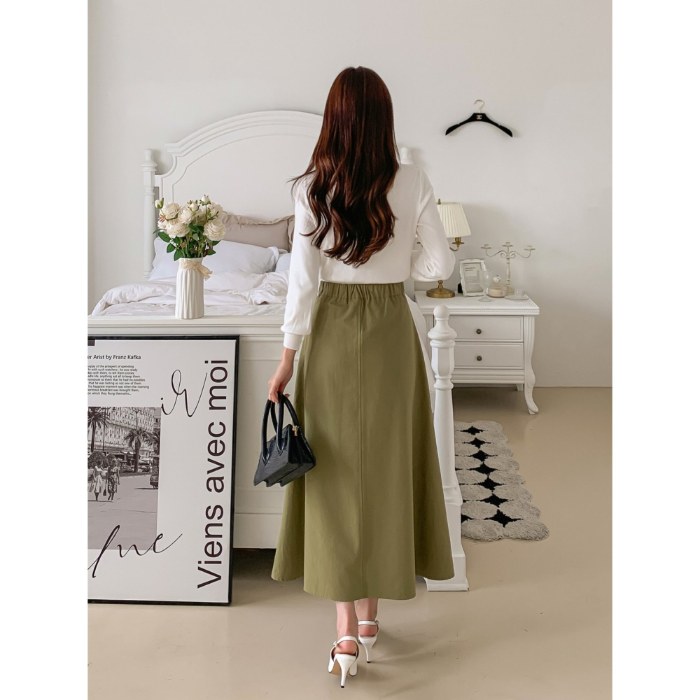 VENUSY｜ 韓國女裝｜純棉前開衩大圓裙 縫線長裙-細節圖7