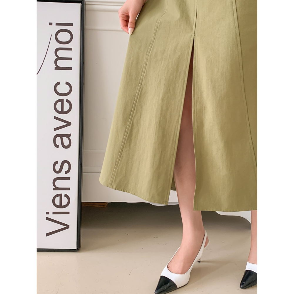 VENUSY｜ 韓國女裝｜純棉前開衩大圓裙 縫線長裙-細節圖10