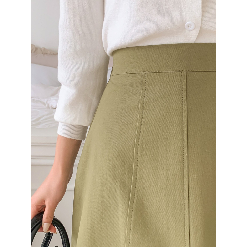 VENUSY｜ 韓國女裝｜純棉前開衩大圓裙 縫線長裙-細節圖11