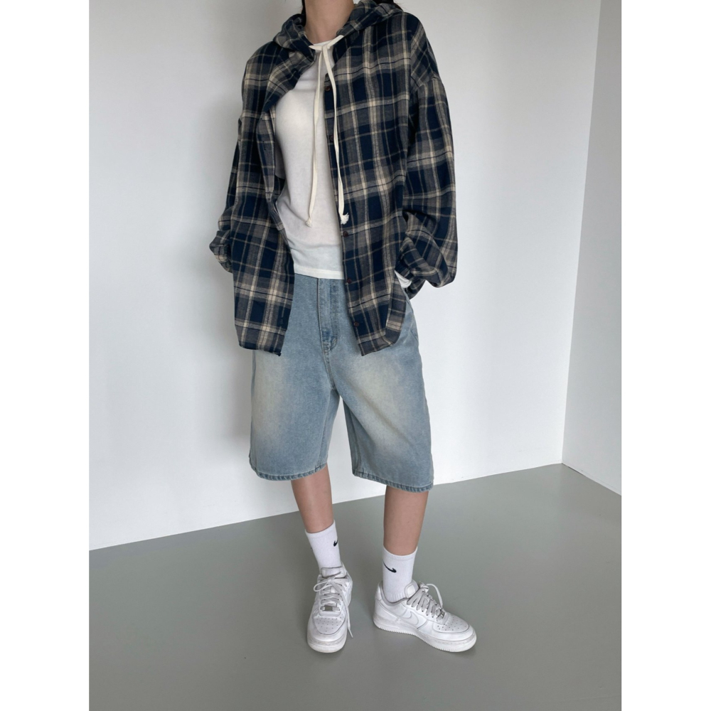 VENUSY｜ 韓國女裝｜棉質格紋連帽衫 百搭格子外套-細節圖2