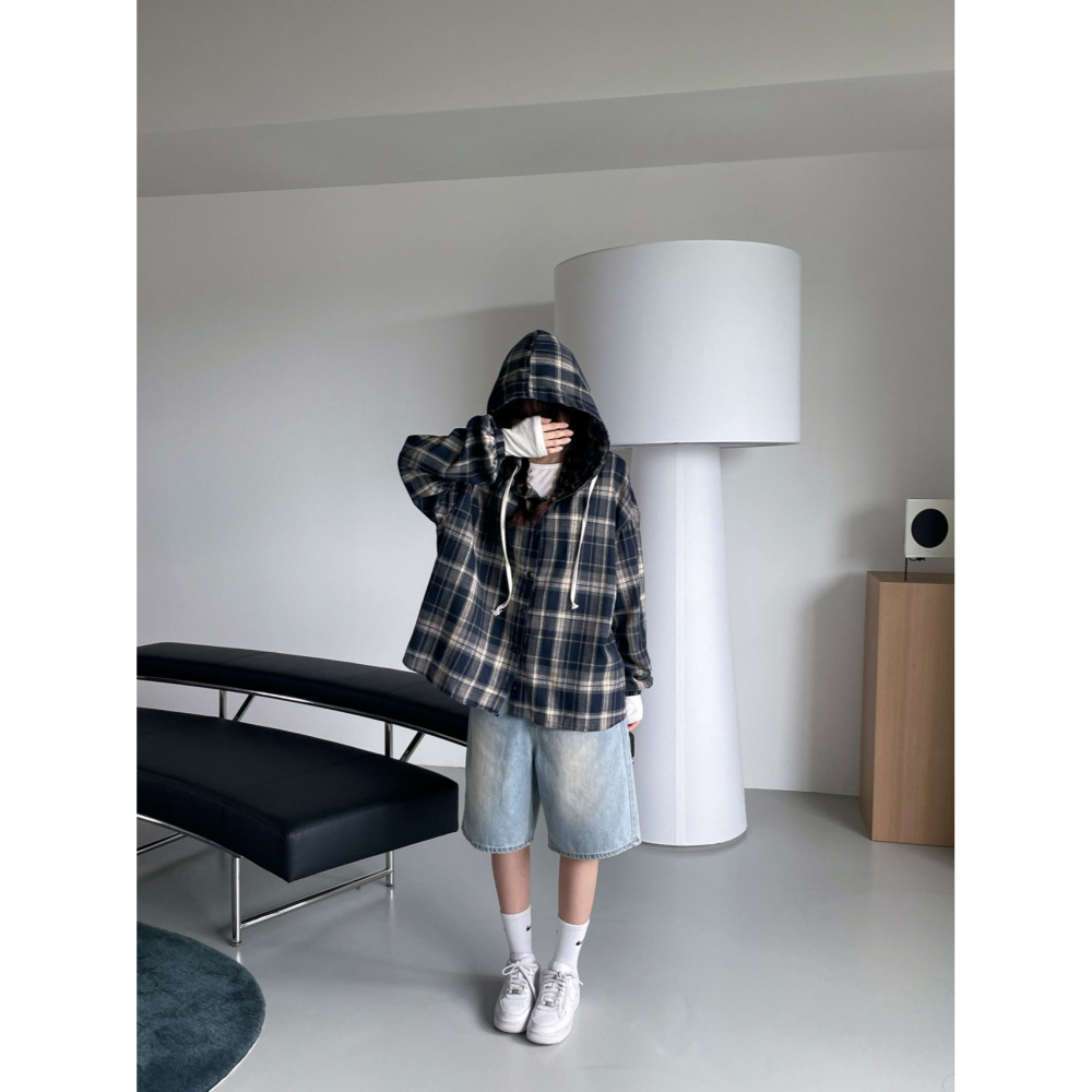 VENUSY｜ 韓國女裝｜棉質格紋連帽衫 百搭格子外套-細節圖3