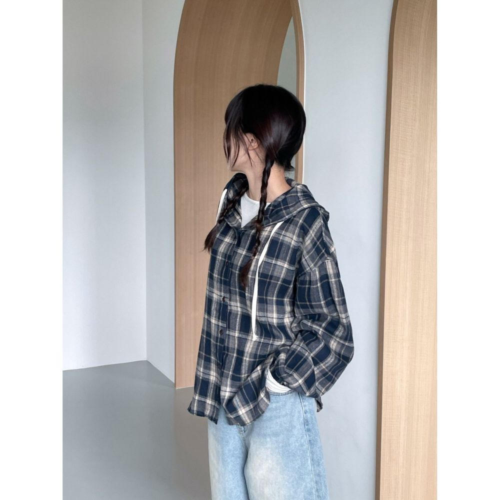 VENUSY｜ 韓國女裝｜棉質格紋連帽衫 百搭格子外套-細節圖4