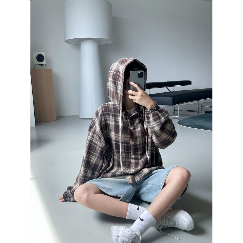 VENUSY｜ 韓國女裝｜棉質格紋連帽衫 百搭格子外套-細節圖5