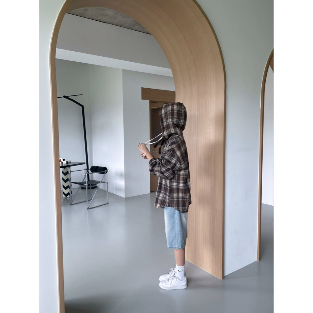 VENUSY｜ 韓國女裝｜棉質格紋連帽衫 百搭格子外套-細節圖6