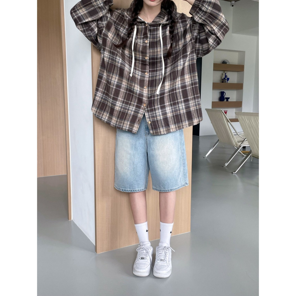 VENUSY｜ 韓國女裝｜棉質格紋連帽衫 百搭格子外套-細節圖7