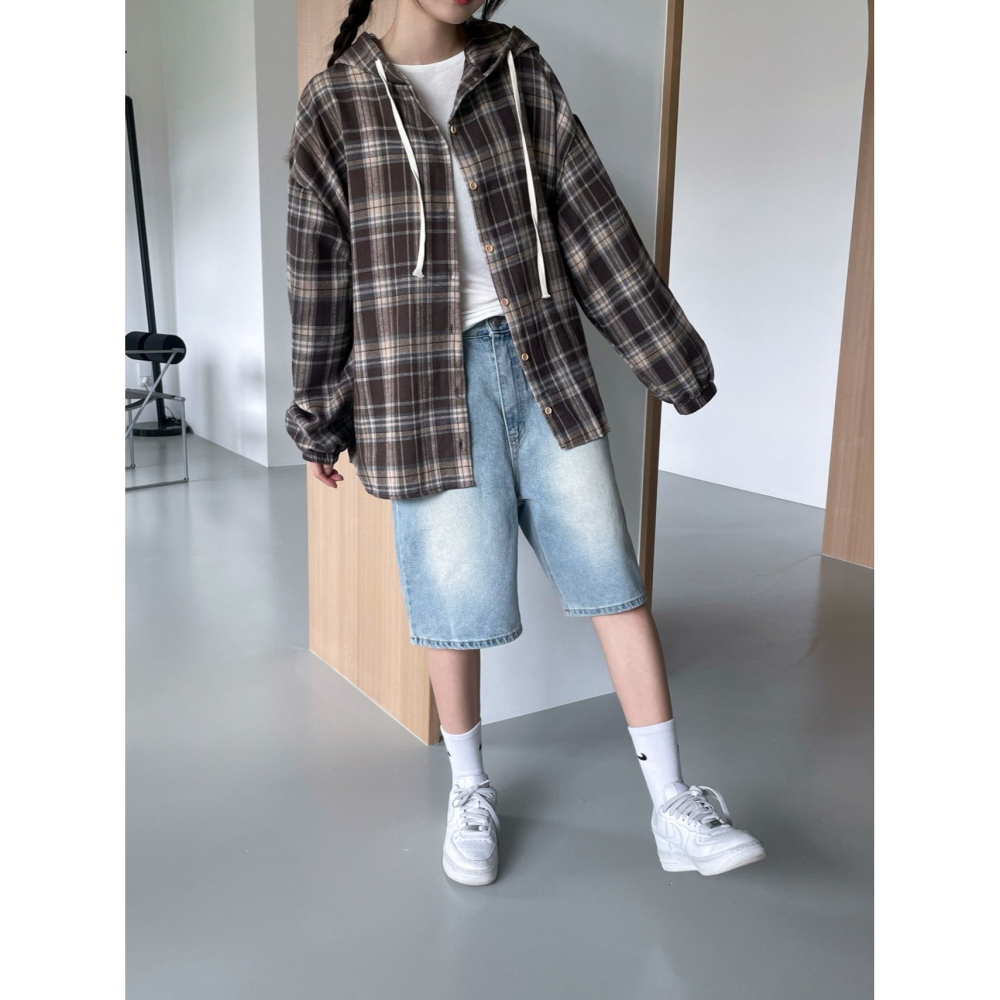 VENUSY｜ 韓國女裝｜棉質格紋連帽衫 百搭格子外套-細節圖8