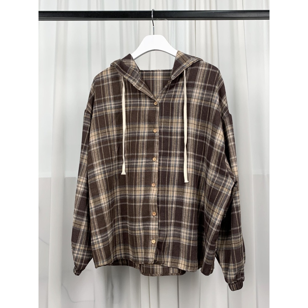 VENUSY｜ 韓國女裝｜棉質格紋連帽衫 百搭格子外套-規格圖9