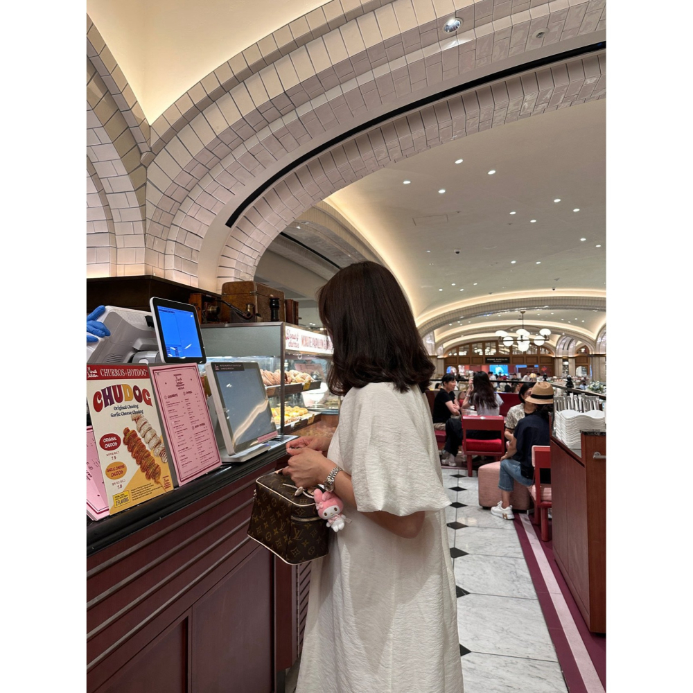 VENUSY｜ 韓國女裝｜亞麻尼龍南瓜袖洋裝 韓國洋裝-細節圖3