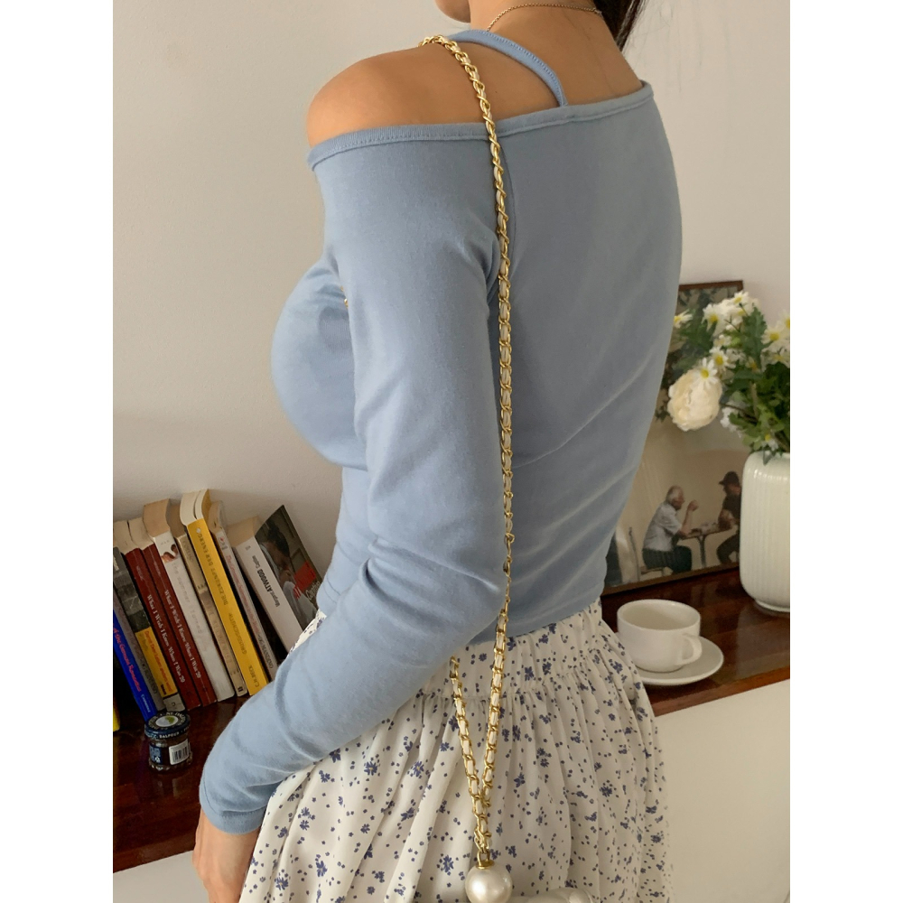 VENUSY｜ 4色☻ 韓國女裝｜純色露肩剪裁T恤 韓國T恤 綁繩長袖上衣-細節圖6