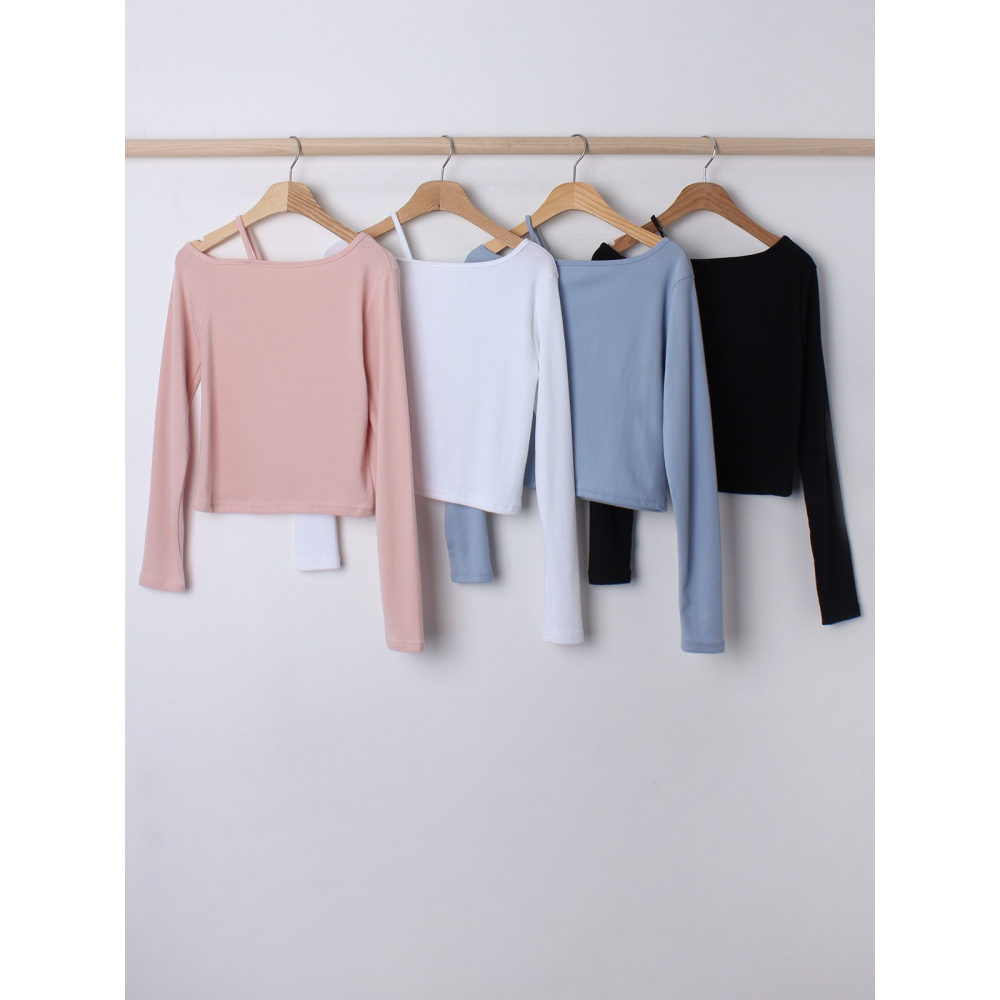 VENUSY｜ 4色☻ 韓國女裝｜純色露肩剪裁T恤 韓國T恤 綁繩長袖上衣-細節圖10
