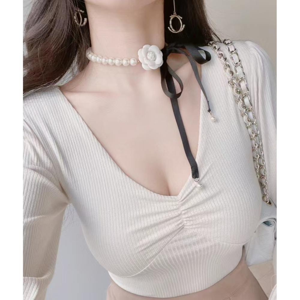 VENUSY｜ 韓國女裝｜性感抽褶泡泡袖上衣-細節圖8