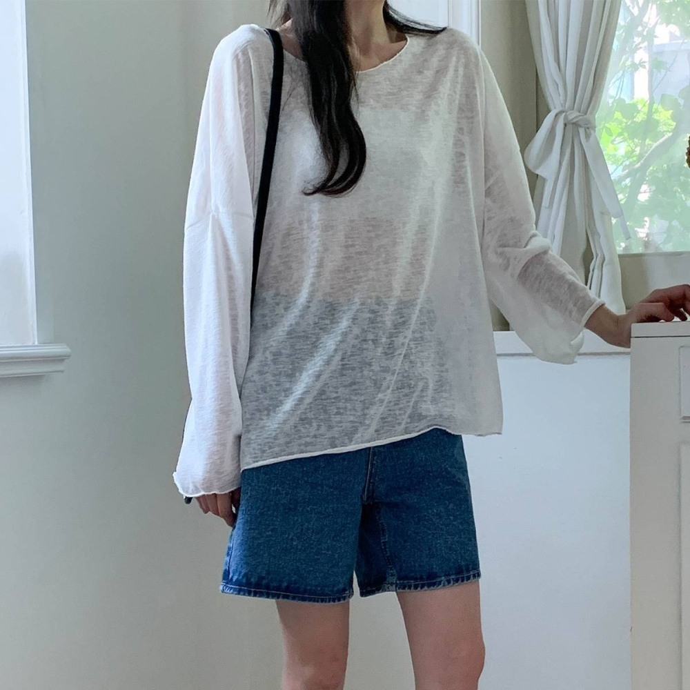 VENUSY｜ 韓國女裝｜寬鬆透視長袖T恤 韓國T恤 疊穿內搭-細節圖3