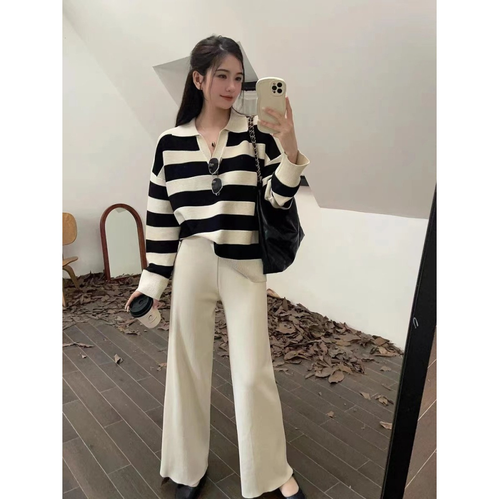 VENUSY｜ 休閒時尚☻ 韓國女裝｜粗橫條紋針織套裝 長袖 長褲-細節圖2