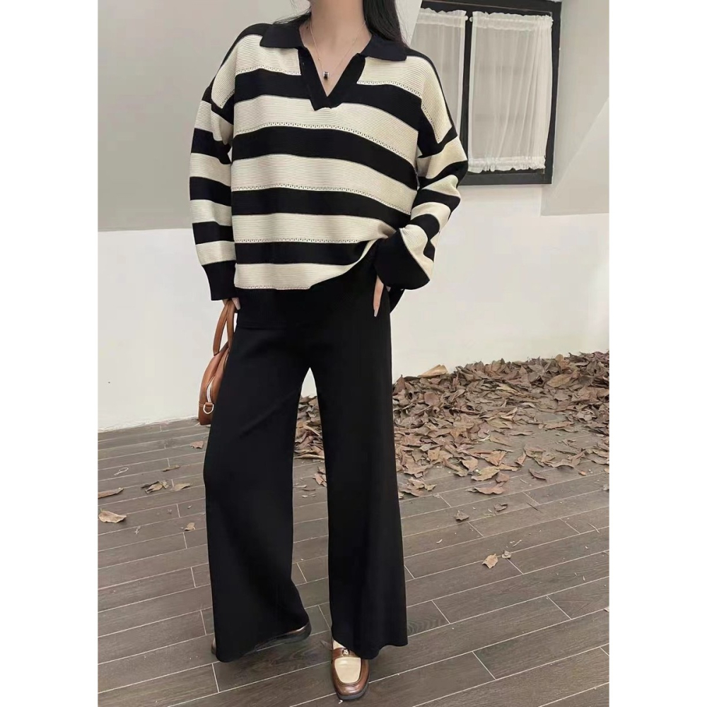 VENUSY｜ 休閒時尚☻ 韓國女裝｜粗橫條紋針織套裝 長袖 長褲-細節圖3