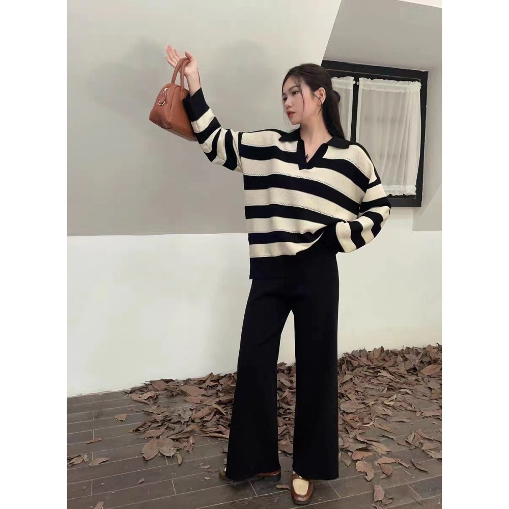 VENUSY｜ 休閒時尚☻ 韓國女裝｜粗橫條紋針織套裝 長袖 長褲-細節圖4
