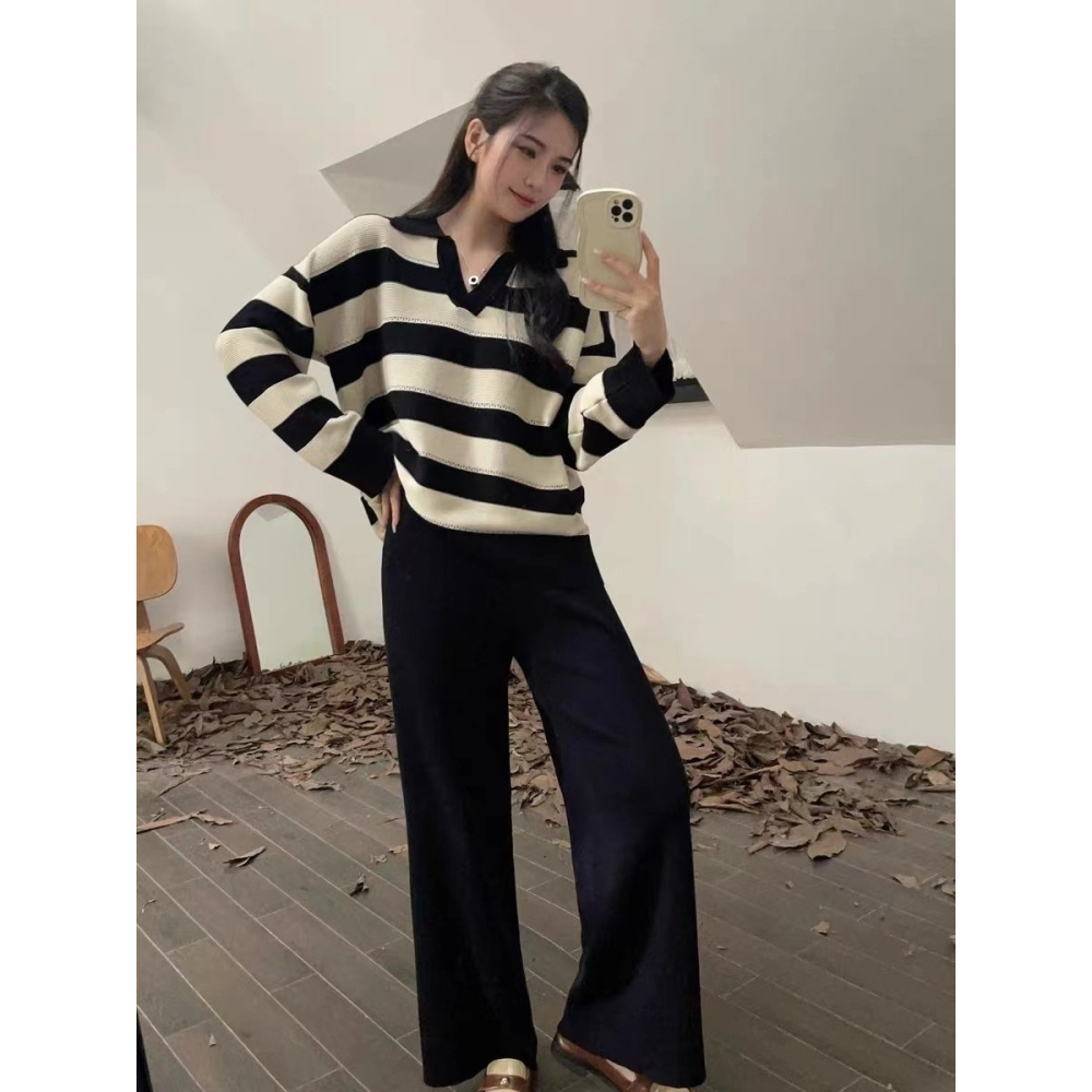 VENUSY｜ 休閒時尚☻ 韓國女裝｜粗橫條紋針織套裝 長袖 長褲-細節圖5