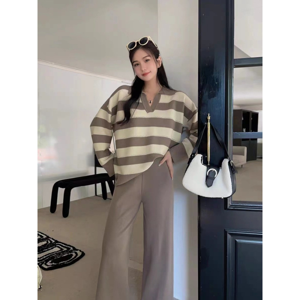 VENUSY｜ 休閒時尚☻ 韓國女裝｜粗橫條紋針織套裝 長袖 長褲-細節圖8