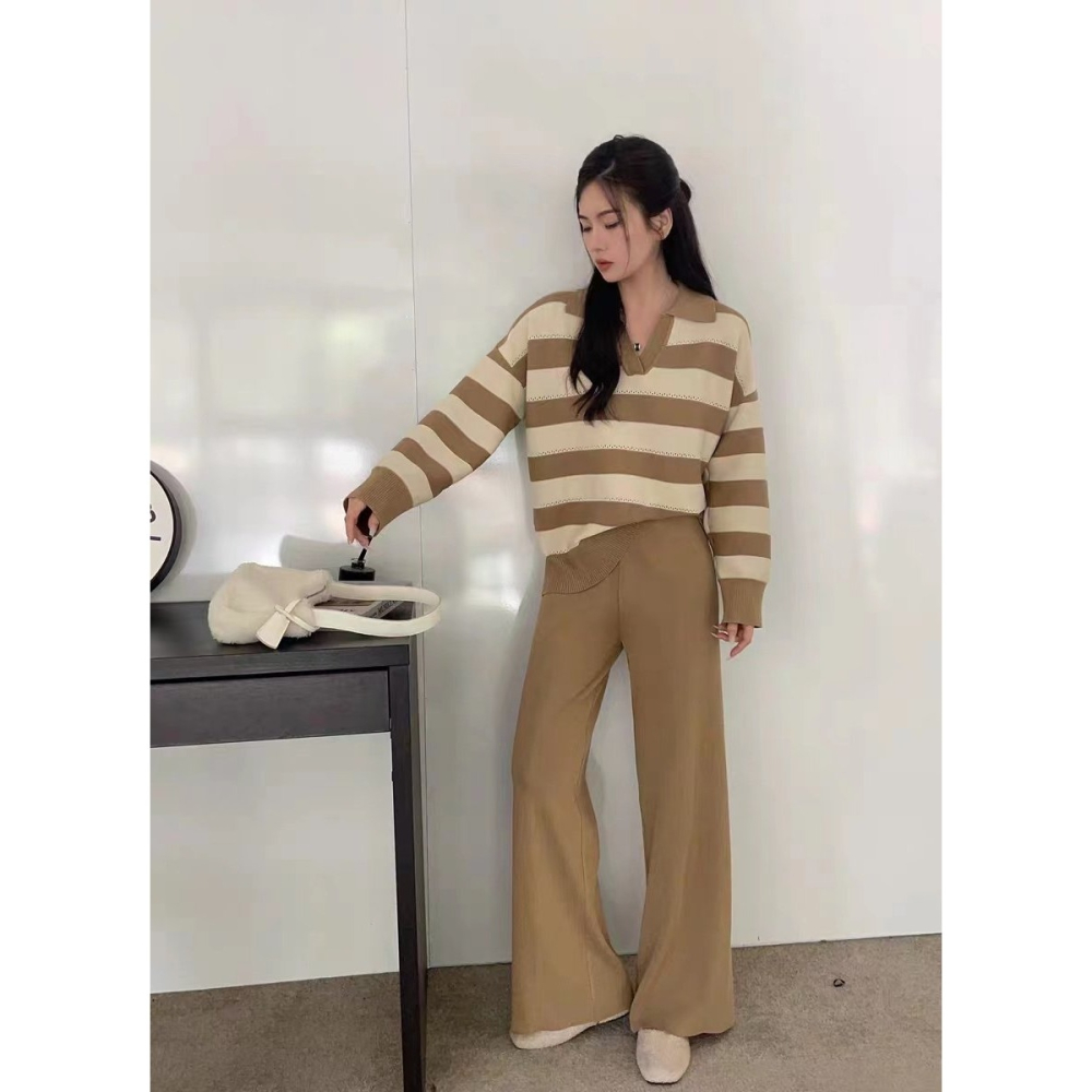 VENUSY｜ 休閒時尚☻ 韓國女裝｜粗橫條紋針織套裝 長袖 長褲-細節圖9