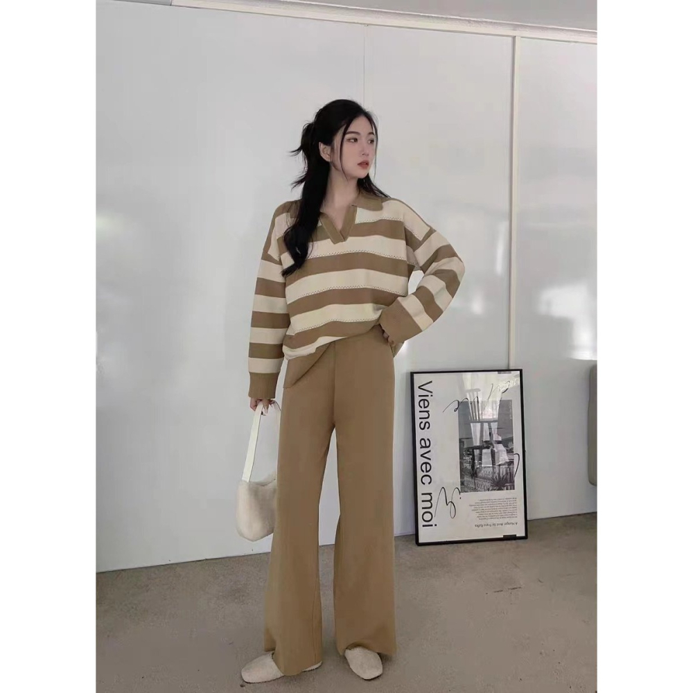 VENUSY｜ 休閒時尚☻ 韓國女裝｜粗橫條紋針織套裝 長袖 長褲-細節圖10