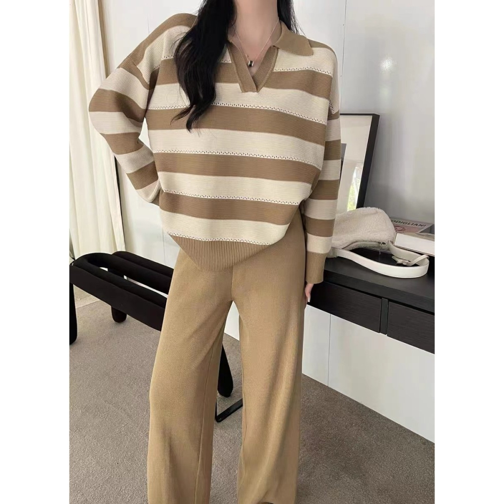 VENUSY｜ 休閒時尚☻ 韓國女裝｜粗橫條紋針織套裝 長袖 長褲-細節圖11