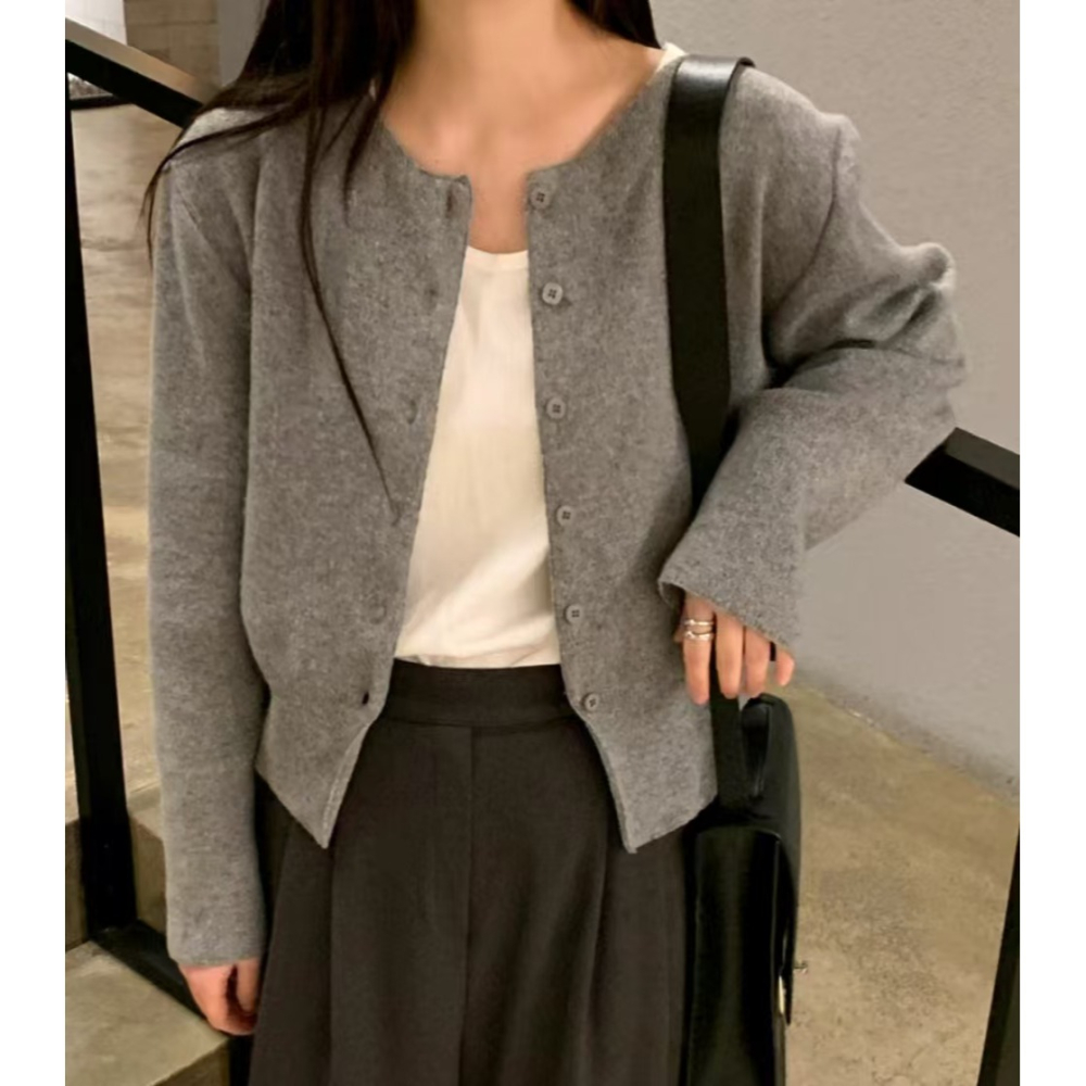VENUSY｜ 羊毛高質感✓ 韓國女裝｜羊毛純色小外套 保暖開襟衫-細節圖4