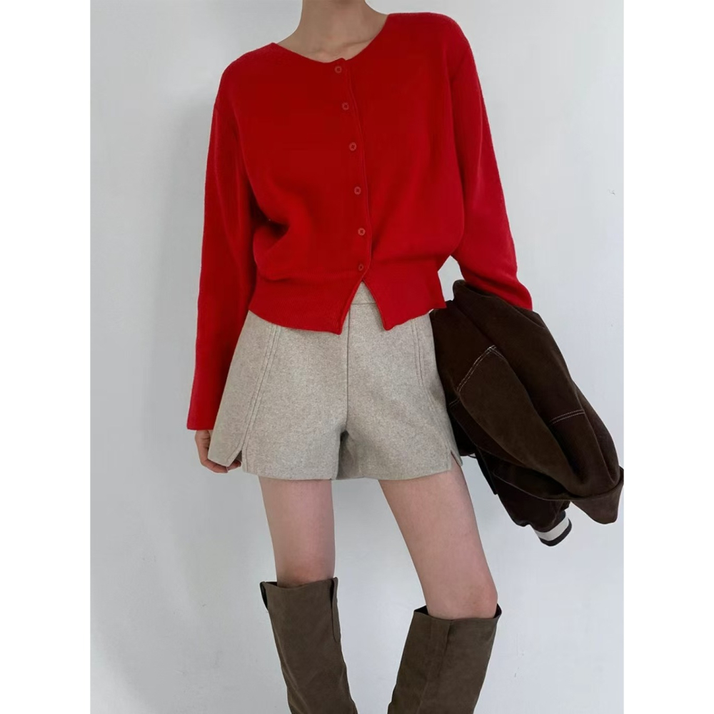 VENUSY｜ 羊毛高質感✓ 韓國女裝｜羊毛純色小外套 保暖開襟衫-細節圖8