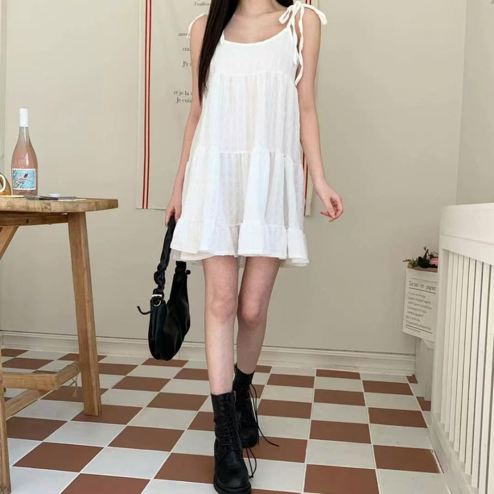 VENUSY｜ 清純仙女風☻ 韓國女裝｜雪紡無袖短洋裝 韓國洋裝 輕盈蛋糕裙-細節圖4