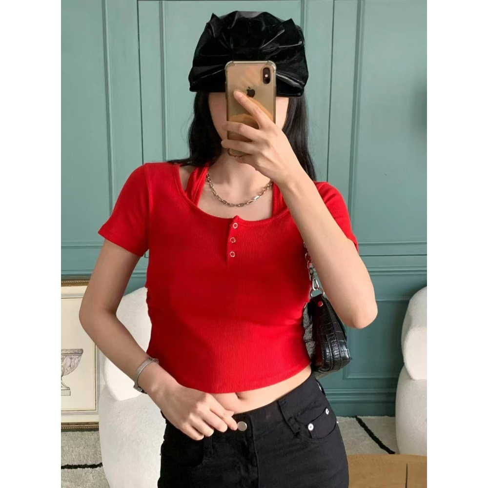 VENUSY｜ 韓國女裝｜棉質繞脖短袖螺紋修身上衣-細節圖2