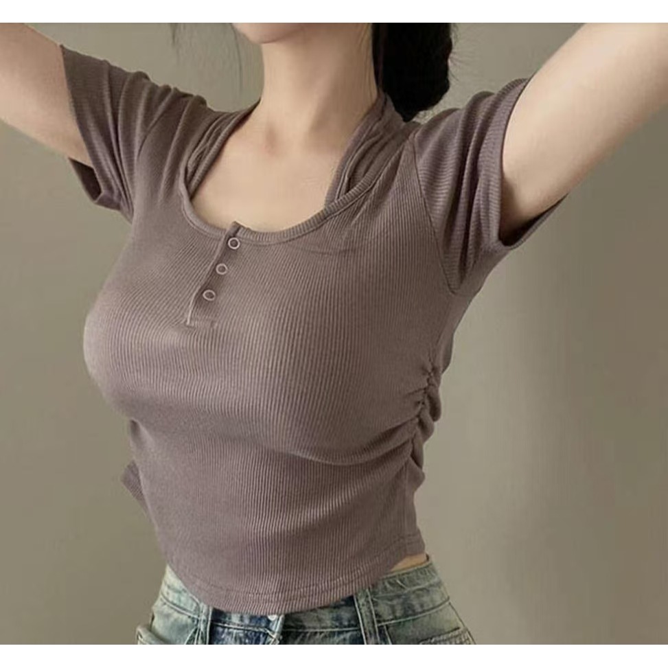 VENUSY｜ 韓國女裝｜棉質繞脖短袖螺紋修身上衣-細節圖3