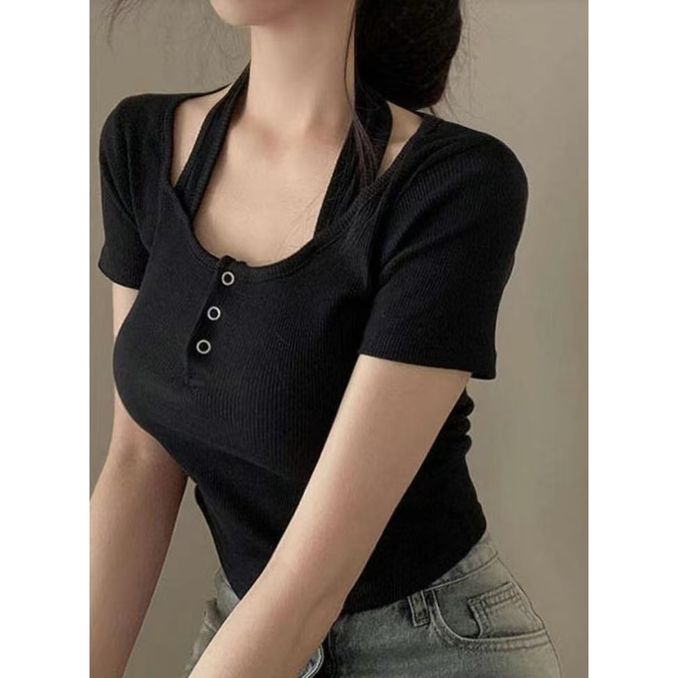 VENUSY｜ 韓國女裝｜棉質繞脖短袖螺紋修身上衣-細節圖4