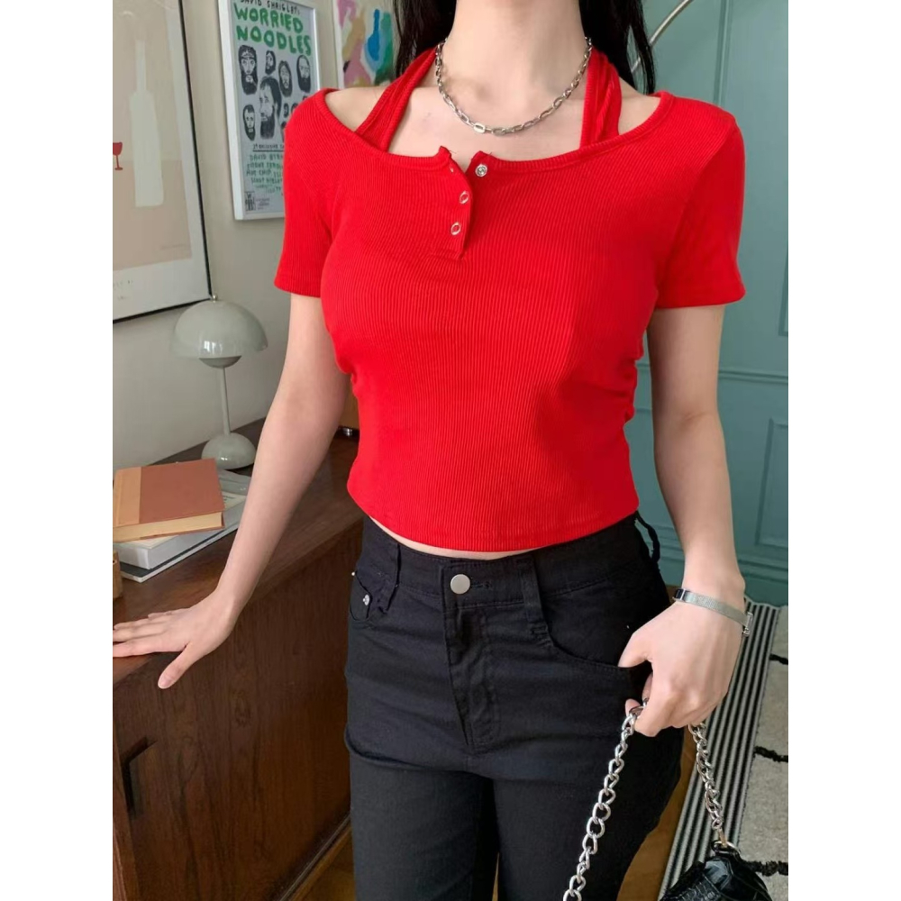 VENUSY｜ 韓國女裝｜棉質繞脖短袖螺紋修身上衣-細節圖6