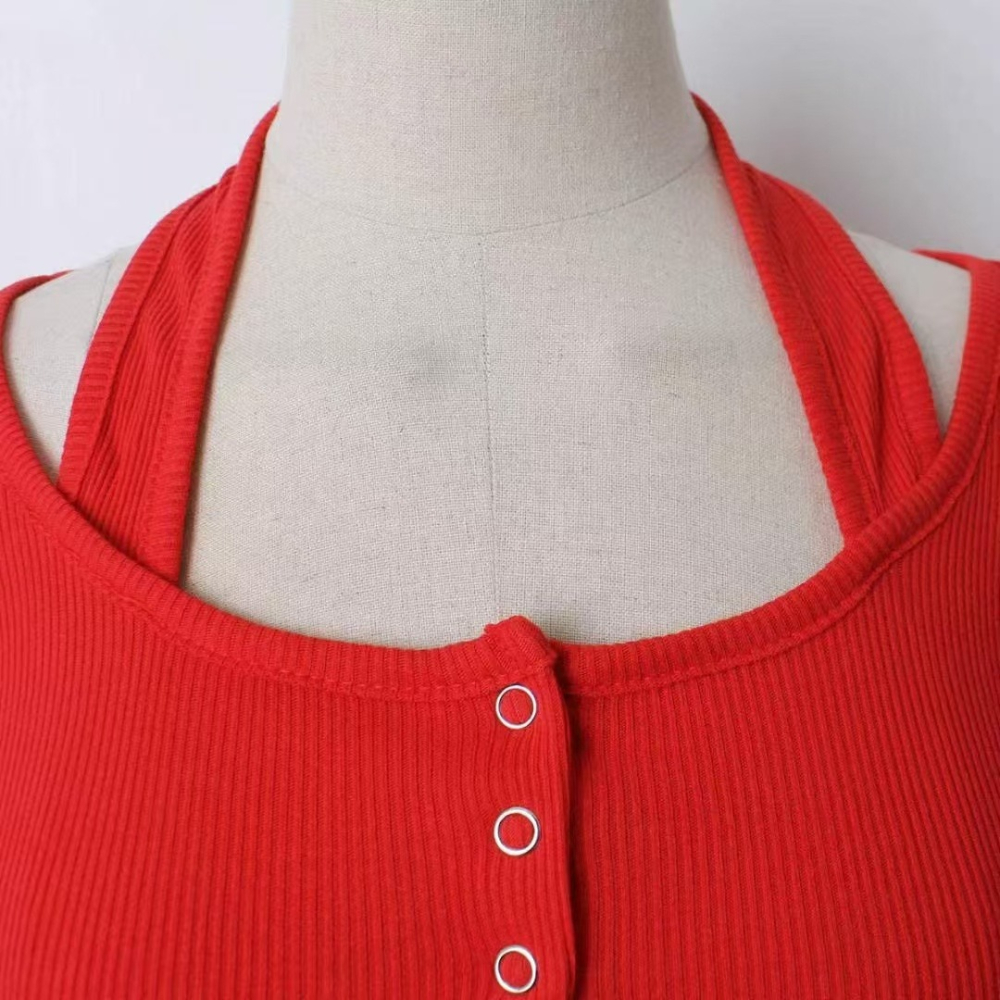 VENUSY｜ 韓國女裝｜棉質繞脖短袖螺紋修身上衣-細節圖7