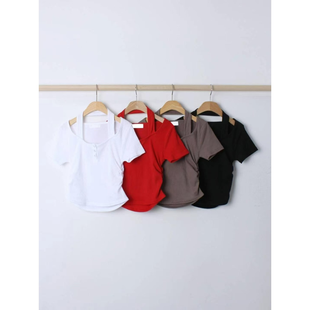 VENUSY｜ 韓國女裝｜棉質繞脖短袖螺紋修身上衣-細節圖8