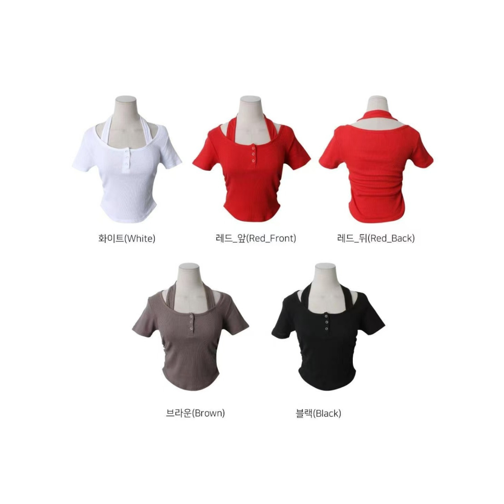 VENUSY｜ 韓國女裝｜棉質繞脖短袖螺紋修身上衣-細節圖9