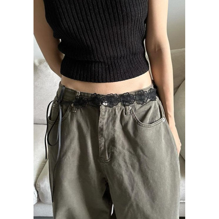 VENUSY｜ 極酷甜美風☻ 韓國女裝｜皮革蕾絲花朵腰帶 皮帶-細節圖4