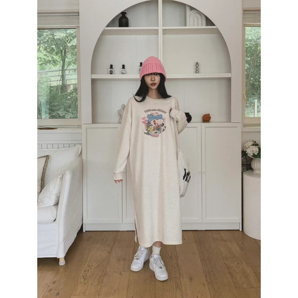 VENUSY｜ 迪士尼正版✔ 韓國女裝｜純棉湯姆貓與傑利鼠長洋裝 韓國洋裝-細節圖4