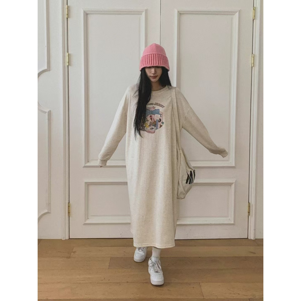 VENUSY｜ 迪士尼正版✔ 韓國女裝｜純棉湯姆貓與傑利鼠長洋裝 韓國洋裝-細節圖5