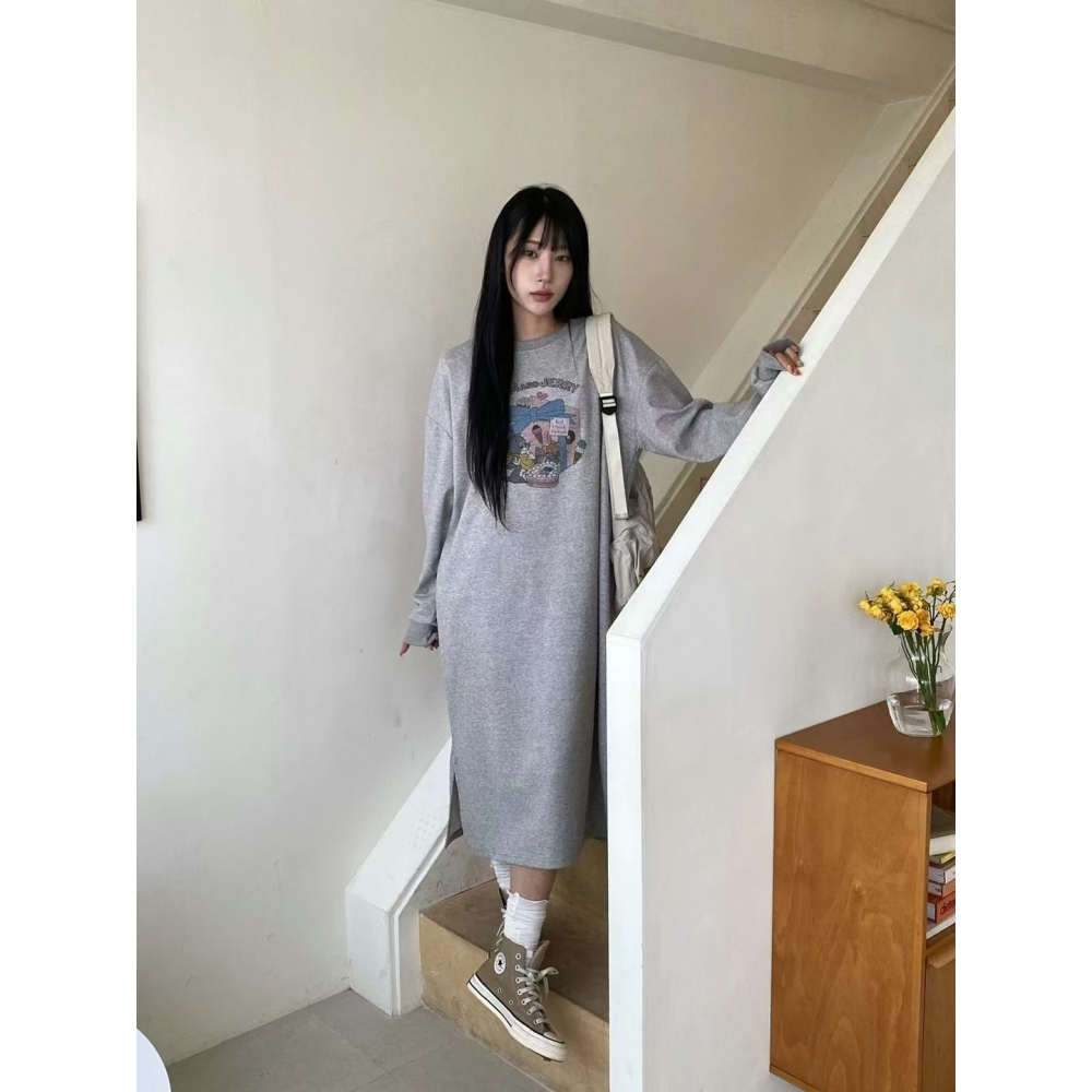 VENUSY｜ 迪士尼正版✔ 韓國女裝｜純棉湯姆貓與傑利鼠長洋裝 韓國洋裝-細節圖6