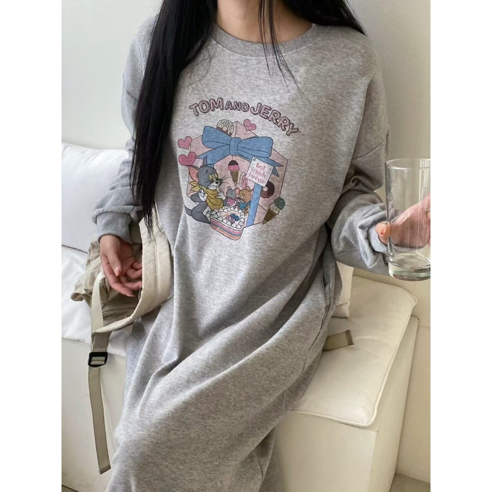 VENUSY｜ 迪士尼正版✔ 韓國女裝｜純棉湯姆貓與傑利鼠長洋裝 韓國洋裝-細節圖7