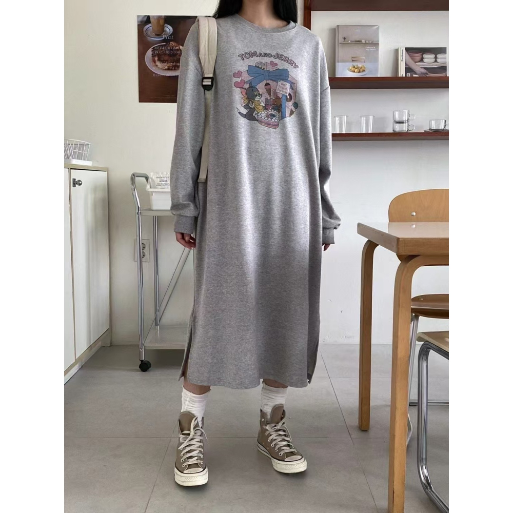 VENUSY｜ 迪士尼正版✔ 韓國女裝｜純棉湯姆貓與傑利鼠長洋裝 韓國洋裝-細節圖8