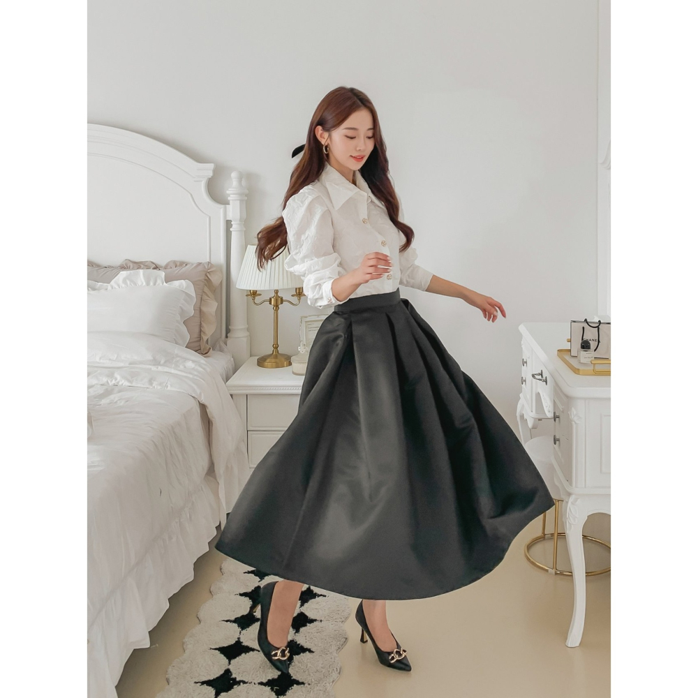 VENUSY｜ 韓國女裝｜赫本款寬褶圓弧禮裙 婚禮造型-細節圖3