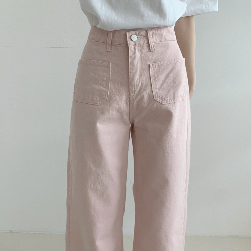 [現貨 24H] VENUSY｜ 韓國女裝｜棉質直筒口袋牛仔褲 韓國牛仔褲 淺粉紅牛仔褲-細節圖4