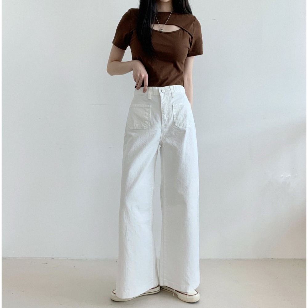 [現貨 24H] VENUSY｜ 韓國女裝｜棉質直筒口袋牛仔褲 韓國牛仔褲 淺粉紅牛仔褲-細節圖7